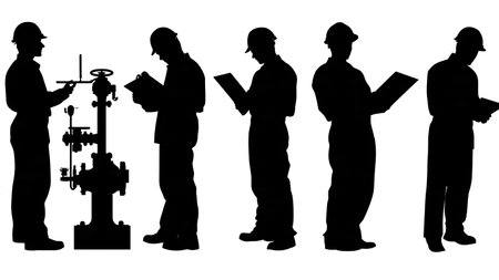 Black Solid Engineer Valve Check Silhouettes Set of Six on White Background isolated on plain white background.のイラスト素材