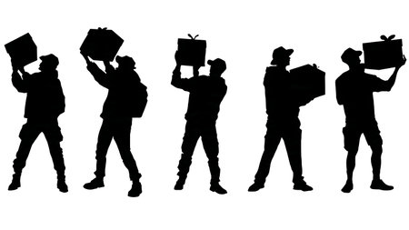 Black Solid Gamer Loot Box Silhouettes Set of Six on White Background isolated on plain white background.のイラスト素材