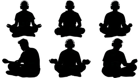 Black Solid Gamer Meditating Silhouettes Set of Six on White Background isolated on plain white background.のイラスト素材