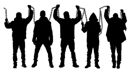 Black Solid Hacker Broken Chain Silhouettes Set of Six on White Background isolated on plain white...
