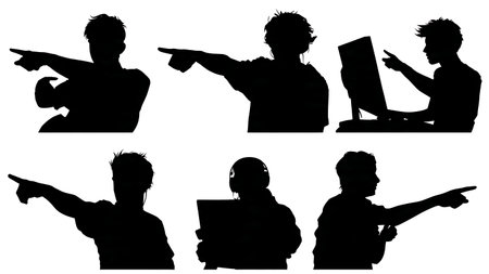 Black Solid Gamer Pointing Screen Silhouettes Set of Six on White Background isolated on plain white background.のイラスト素材