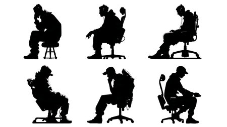 Black Solid Gamer Sitting on Desk Silhouettes Set of Six on White Background isolated on plain white background.のイラスト素材
