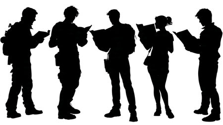 Black Solid Gamer Strategy Guide Silhouettes Set of Six on White Background isolated on plain white background.のイラスト素材