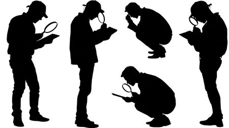 Black Solid Hacker Examining PCB Silhouettes Set of Six on White Background isolated on plain white background.のイラスト素材