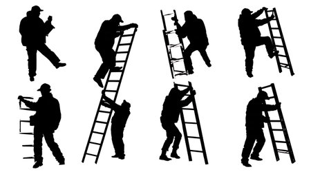Black Solid Hacker Ladder Disguise Silhouettes Set of Six on White Background isolated on plain white background.のイラスト素材