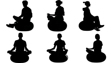 Black Solid Gamer Yoga Ball Silhouettes Set of Six on White Background isolated on plain white background.のイラスト素材