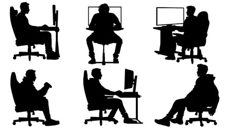 Black Solid Gamer Spectator Silhouettes Set of Six on White Background isolated on plain white background.のイラスト素材