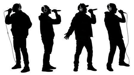 Black Solid Gamer Streamer Microphone Silhouettes Set of Six on White Background isolated on plain white background.のイラスト素材