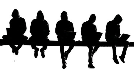 Black Solid Hacker Sitting on Ledge Silhouettes Set of Six on White Background isolated on plain white background.のイラスト素材
