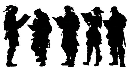 Black Solid Gamer Strategy Guide Silhouettes Set of Six on White Background isolated on plain white background.のイラスト素材