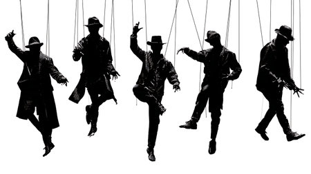 Black Solid Hacker Puppet Master Silhouettes Set of Six on White Background isolated on plain white background.のイラスト素材