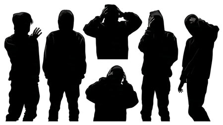 Black Solid Hacker Adjusting Hood Silhouettes Set of Six on White Background isolated on plain white background.のイラスト素材