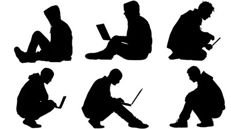 Black Solid Hacker Field Work Silhouettes Set of Six on White Background isolated on plain white background.のイラスト素材