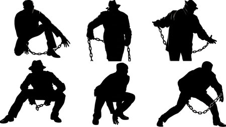 Black Solid Hacker Broken Chain Silhouettes Set of Six on White Background isolated on plain white background.のイラスト素材