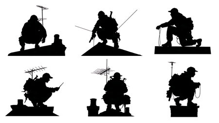 Black Solid Hacker Rooftop Antenna Silhouettes Set of Six on White Background isolated on plain white background.のイラスト素材