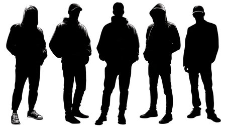 Black Solid Hacker Hands in Pockets Silhouettes Set of Six on White Background isolated on plain white background.のイラスト素材