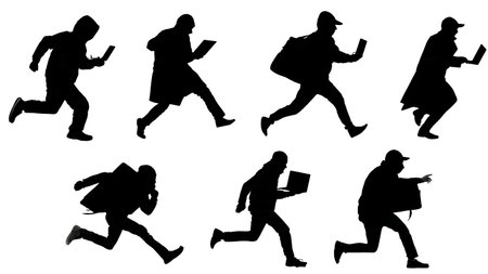 Black Solid Hacker Escaping Silhouettes Set of Six on White Background isolated on plain white background.のイラスト素材