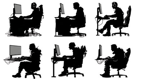 Black Solid Gamer Second Monitor Silhouettes Set of Six on White Background isolated on plain white background.のイラスト素材