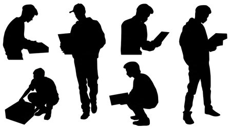 Black Solid Gamer Unboxing Silhouettes Set of Six on White Background isolated on plain white background.のイラスト素材