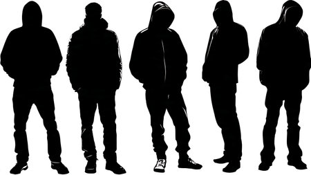 Black Solid Hacker Hands in Pockets Silhouettes Set of Six on White Background isolated on plain white background.のイラスト素材