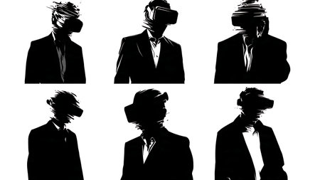 Black Solid Hacker Glitch Head Silhouettes Set of Six on White Background isolated on plain white background.のイラスト素材