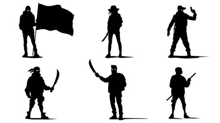 Black Solid Hacker Pirate Flag Silhouettes Set of Six on White Background isolated on plain white background.のイラスト素材