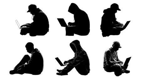 Black Solid Hacker Field Work Silhouettes Set of Six on White Background isolated on plain white background.のイラスト素材