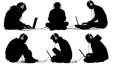 Black Solid Hacker Headphones Flow Silhouettes Set of Six on White Background isolated on plain white background.のイラスト素材