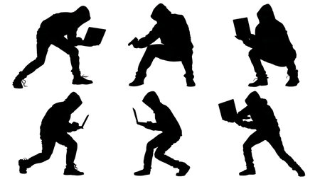 Black Solid Hacker Laptop Weapon Silhouettes Set of Six on White Background isolated on plain white background.のイラスト素材