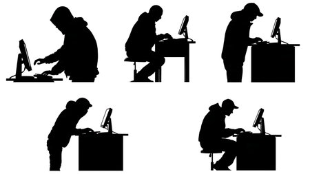 Black Solid Hacker Laser Keyboard Silhouettes Set of Six on White Background isolated on plain white background.のイラスト素材