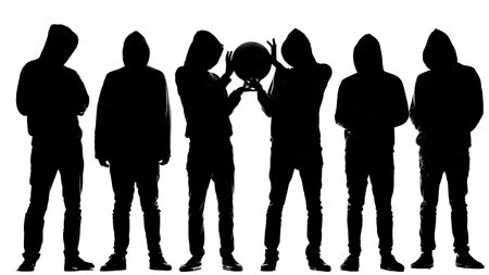 Black Solid Hacker Holding Globe Silhouettes Set of Six on White Background isolated on plain white background.のイラスト素材