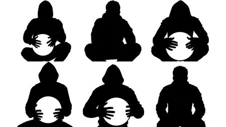 Black Solid Hacker Holding Globe Silhouettes Set of Six on White Background isolated on plain white background.のイラスト素材