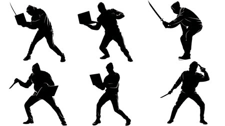 Black Solid Hacker Laptop Weapon Silhouettes Set of Six on White Background isolated on plain white background.のイラスト素材