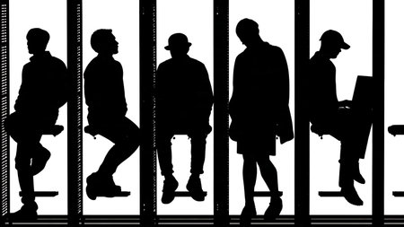 Black Solid Hacker Sitting Server Silhouettes Set of Six on White Background isolated on plain white background.のイラスト素材