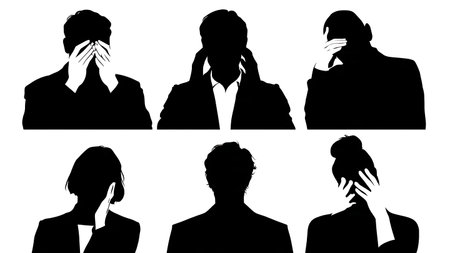 Black Solid IT Agent Rubbing Eyes Silhouettes Set of Six on White Background isolated on plain white background.のイラスト素材