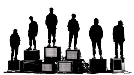 Black Solid Hacker Monitor Pile Silhouettes Set of Six on White Background isolated on plain white background.のイラスト素材