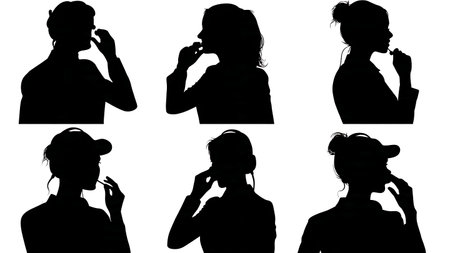 Black Solid IT Agent Adjusting Mic Silhouettes Set of Six on White Background isolated on plain white background.のイラスト素材