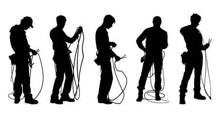 Black Solid IT Technician Cable Management Silhouettes Set of Six on White Background isolated on plain white background.のイラスト素材