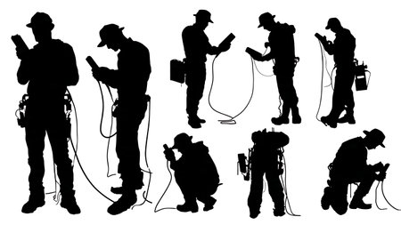 Black Solid IT Technician Multimeter Silhouettes Set of Six on White Background isolated on plain white background.のイラスト素材