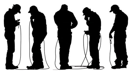 Black Solid IT Technician Butt Set Silhouettes Set of Six on White Background isolated on plain white background.のイラスト素材
