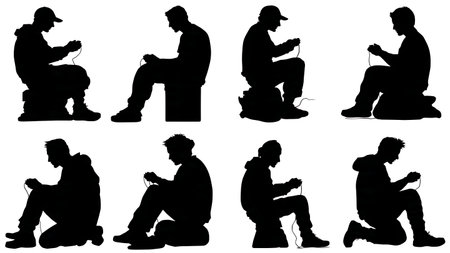 Black Solid Local Co-op Gamers Silhouettes Set of Six on White Background isolated on plain white background.のイラスト素材