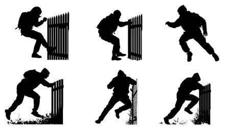 Black Solid Hacker Climbing Wall Silhouettes Set of Six on White Background isolated on plain white background.のイラスト素材