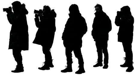 Black Solid Photographer Winter Gear Silhouettes Set of Six on White Background isolated on plain white background.のイラスト素材