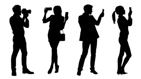 Black Solid Photographer Selfie Subject Silhouettes Set of Six on White Background isolated on plain white background.のイラスト素材