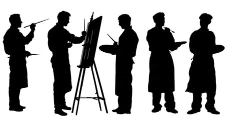 Black Solid Portrait Painter Measuring Silhouettes Set of Six on White Background isolated on plain white background.のイラスト素材