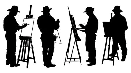 Black Solid Plein Air Painter Silhouettes Set of Six on White Background isolated on plain white background.のイラスト素材