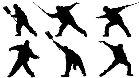 Black Solid Painter Reaching Brush Silhouettes Set of Six on White Background isolated on plain white background.のイラスト素材