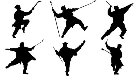 Black Solid Painter Reaching Brush Silhouettes Set of Six on White Background isolated on plain white background.のイラスト素材