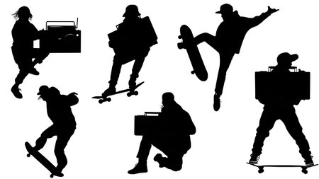 Black Solid Skater Music Silhouettes Set of Six on White Background isolated on plain white background.のイラスト素材