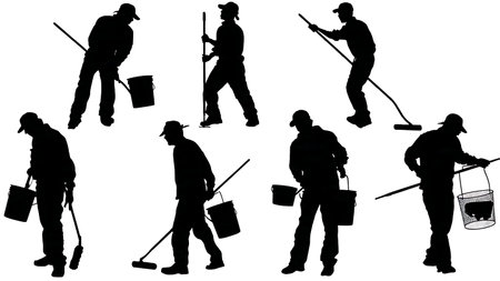 Black Solid Painter Straining Paint Silhouettes Set of Six on White Background isolated on plain white background.のイラスト素材